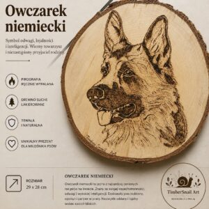 Ręcznie wykonany portret Owczarka Niemieckiego techniką pirografii na naturalnym plastrze drewna z kora.
