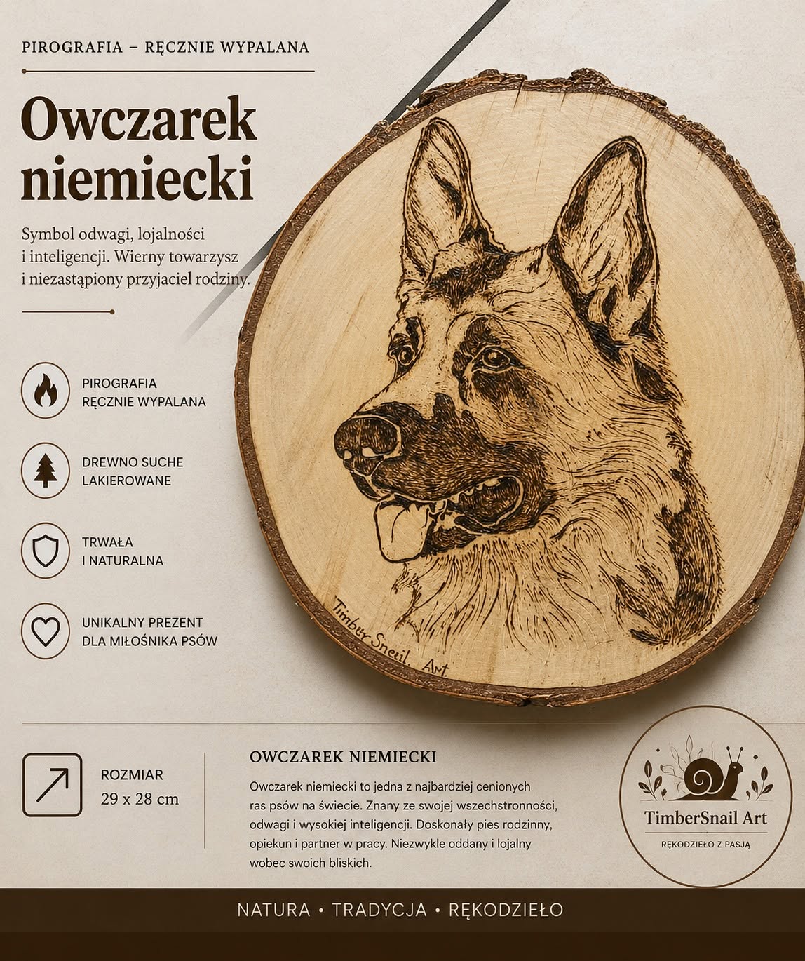 Pirografia Owczarek Niemiecki Ręcznie wykonany portret Owczarka Niemieckiego techniką pirografii na naturalnym plastrze drewna z kora.