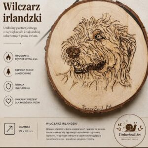 Ręcznie wykonany portret Wilczarza Irlandzkiego techniką pirografii na naturalnym plastrze drewna.