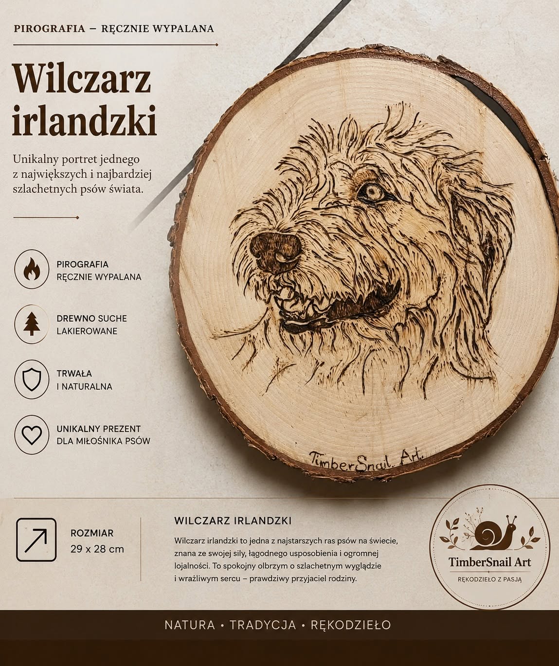Pirografia Wilczarz Irlandzki Ręcznie wykonany portret Wilczarza Irlandzkiego techniką pirografii na naturalnym plastrze drewna.
